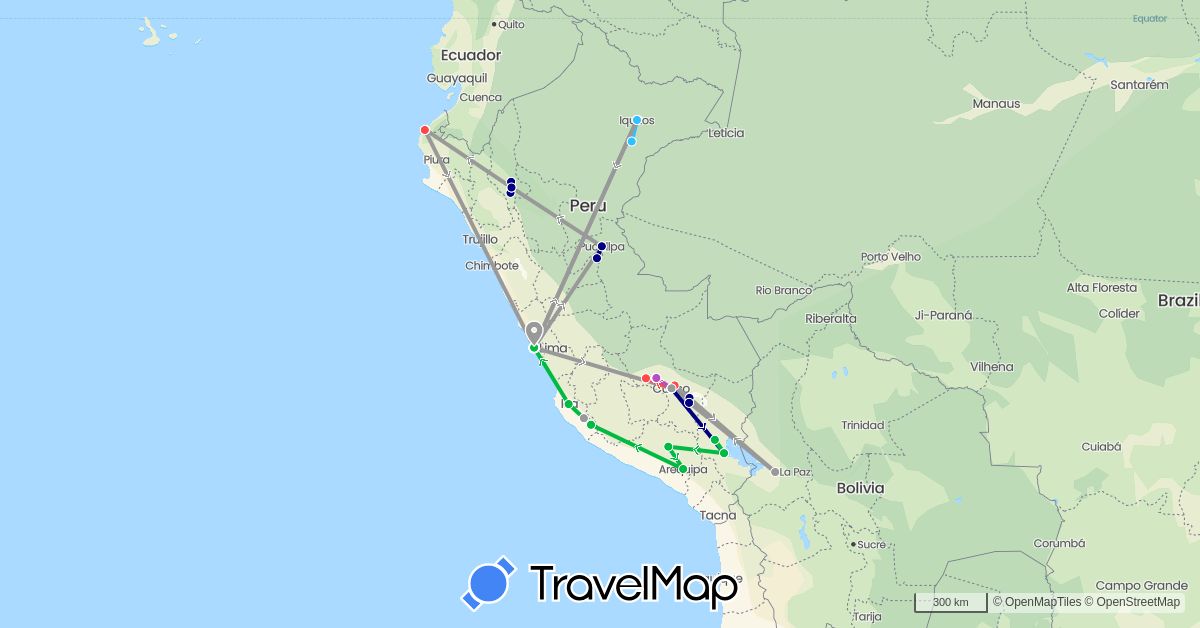 TravelMap itinerary: driving, bus, plane, train, hiking, boat in Bolivia, Peru (South America)